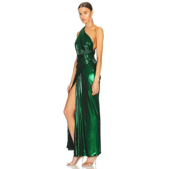 Green Asymmetrical Ruched One Shoulder Gown - Picture 3 of 15